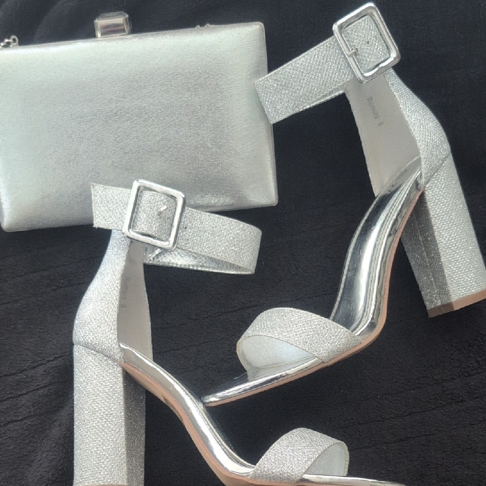 Herstyle Silver Block Heel Sandals with Clutch